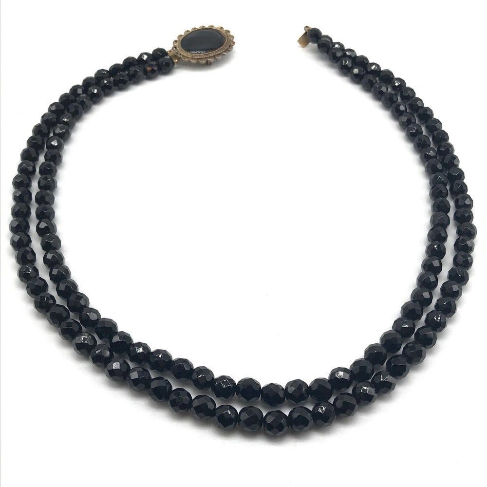 Vintage Black Jet Faceted Glass Beaded Double Strand Long Statement Necklace